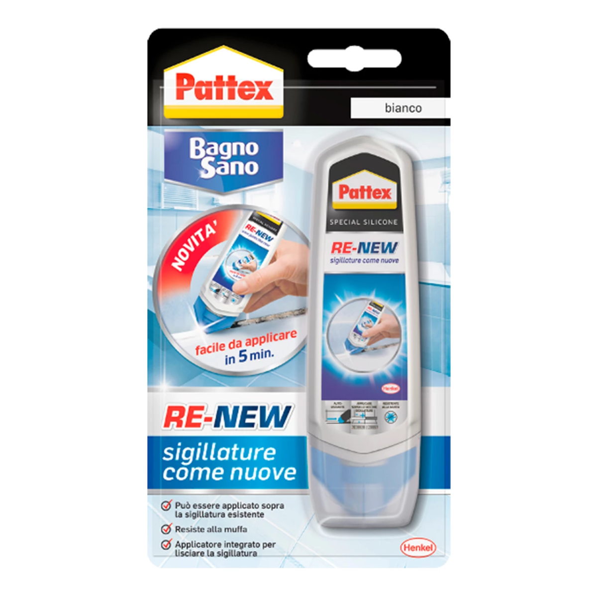 RE-NEW SIGILLANTE SILICONE ANTIMUFFA 100GR. BIANCO PATTEX SILICONE PATTEX. BASE D'ACQUA COMPONENTE PER RICOPRIRE SILICONI COLORATI. SIGILLARE INODORE CON APPLICATORE